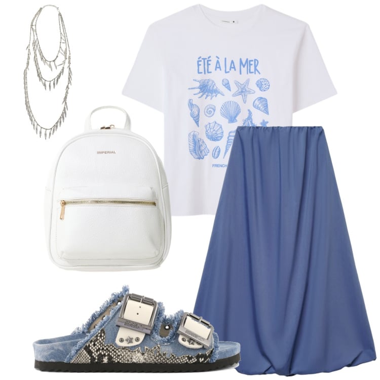 Outfit donna - Sapore di Mare. Stile Casual per Tutti i giorni. Abbinamento con gonne lunghe, t-shirt, cappelli, zaini, collane, sandali.