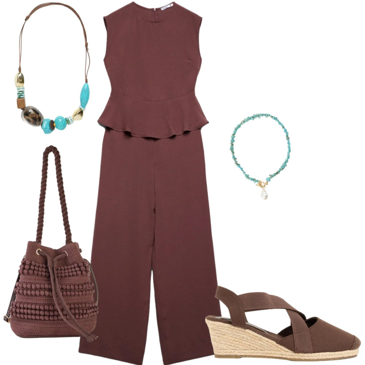 Outfit donna - In ufficio. Stile Casual per Ufficio. Abbinamento con zeppe, borse a secchiello, tute, collane, collane.