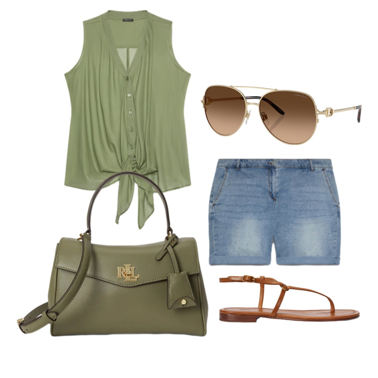 Outfit donna - Luglio. Stile Basic per Tutti i giorni. Abbinamento con shorts, top, occhiali da sole, sandali in pelle, borse a mano.