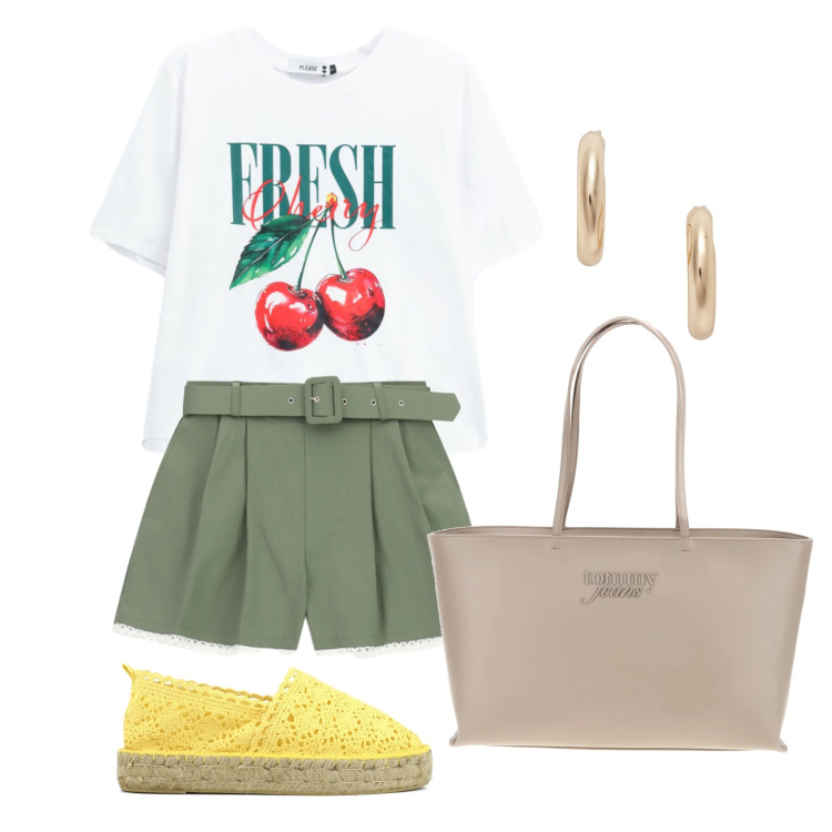 Outfit donna - Luglio. Stile Casual chic per Tutti i giorni. Abbinamento con orecchini, t-shirt, shorts, espadrillas, borse a spalla.