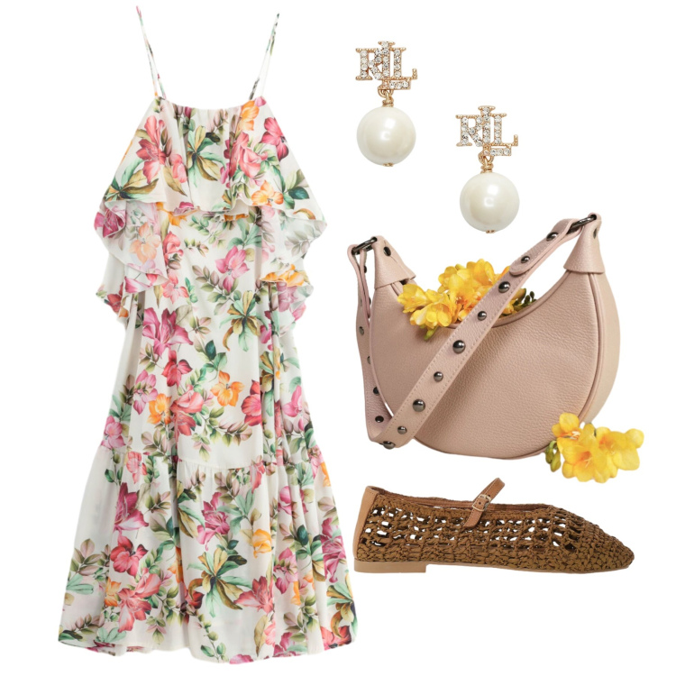 Outfit donna - Luglio. Stile Romantica per Tutti i giorni. Abbinamento con vestiti lunghi, borse a spalla, ballerine, orecchini.
