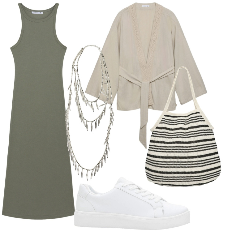 Outfit donna - Total look #2431287. Stile Basic per Tutti i giorni. Abbinamento con sneakers, vestiti midi/longuette, shopping bag, kimono, collane.