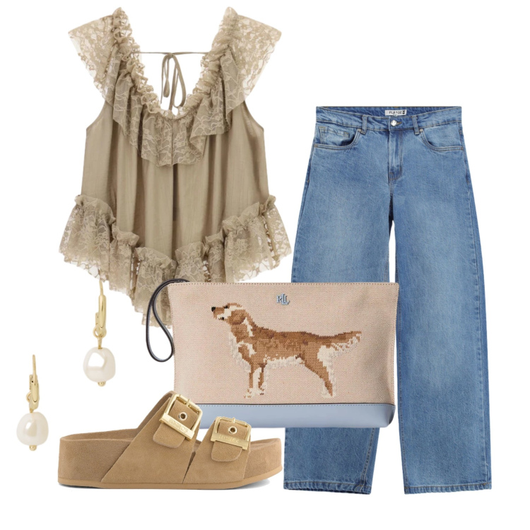 Outfit donna - Luglio. Stile Trendy per Tutti i giorni. Abbinamento con top, jeans, orecchini, pochette, sandali in pelle.