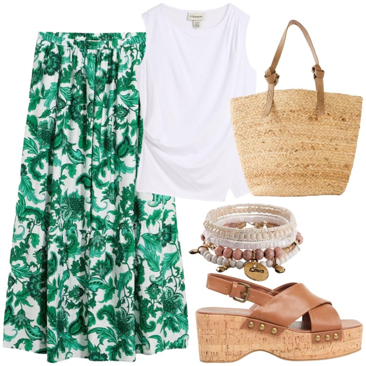 Outfit donna - Fioriture.. Stile Boho per Tutti i giorni. Abbinamento con gonne lunghe, top, zeppe, braccialetti con ciondoli, shopping bag.