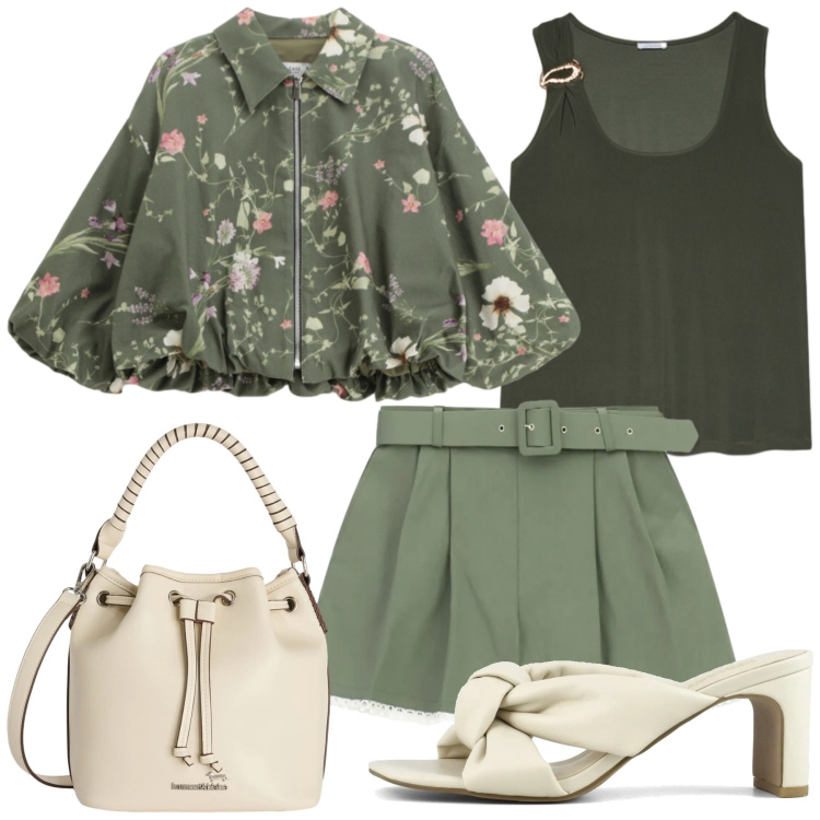 Outfit donna - Total look #2431291. Stile Bon Ton per Serata fuori. Abbinamento con borse a secchiello, bomber, shorts, canottiere, sandali col tacco.