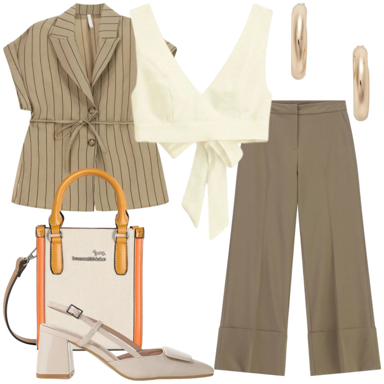 Outfit donna - Total look #2431293. Stile Casual chic per Tutti i giorni. Abbinamento con borse tote, orecchini, pantaloni a palazzo, décolleté, blazer, top.