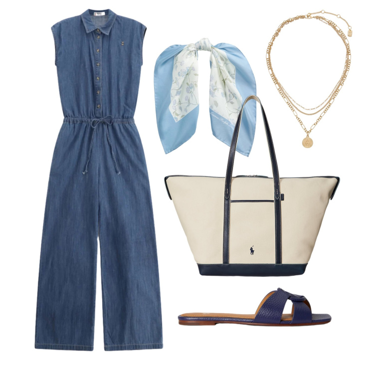 Outfit donna - Luglio. Stile Casual chic per Tutti i giorni. Abbinamento con tute, borse tote, sandali in pelle, foulard, ciondoli.