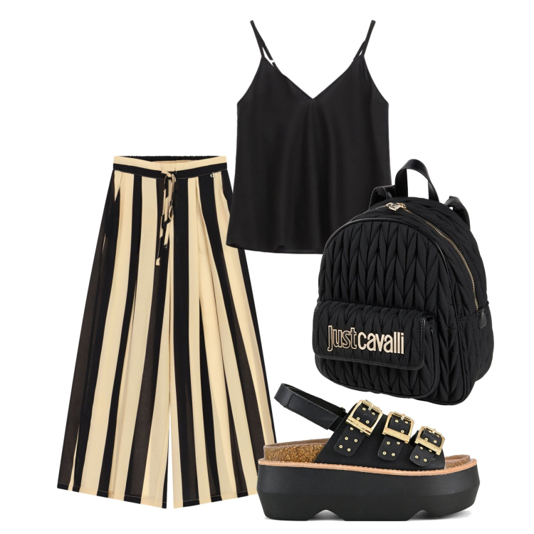 Outfit donna - Luglio. Stile Trendy per Tutti i giorni. Abbinamento con zaini, top, pantaloni a palazzo, sandali col tacco.