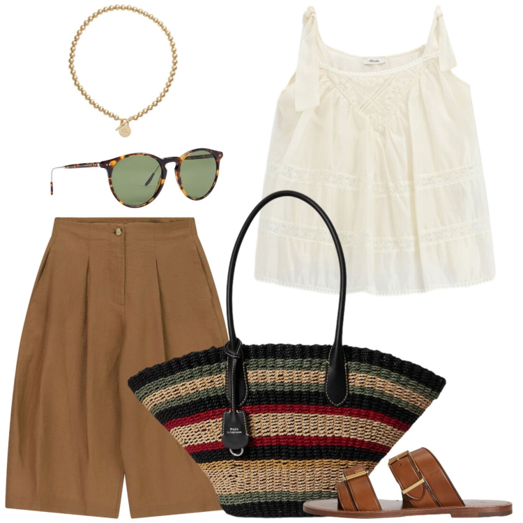 Outfit donna - La sporta. Stile Casual chic per Tutti i giorni. Abbinamento con shorts, top, collane, occhiali da sole, borse tote, sandali in pelle.