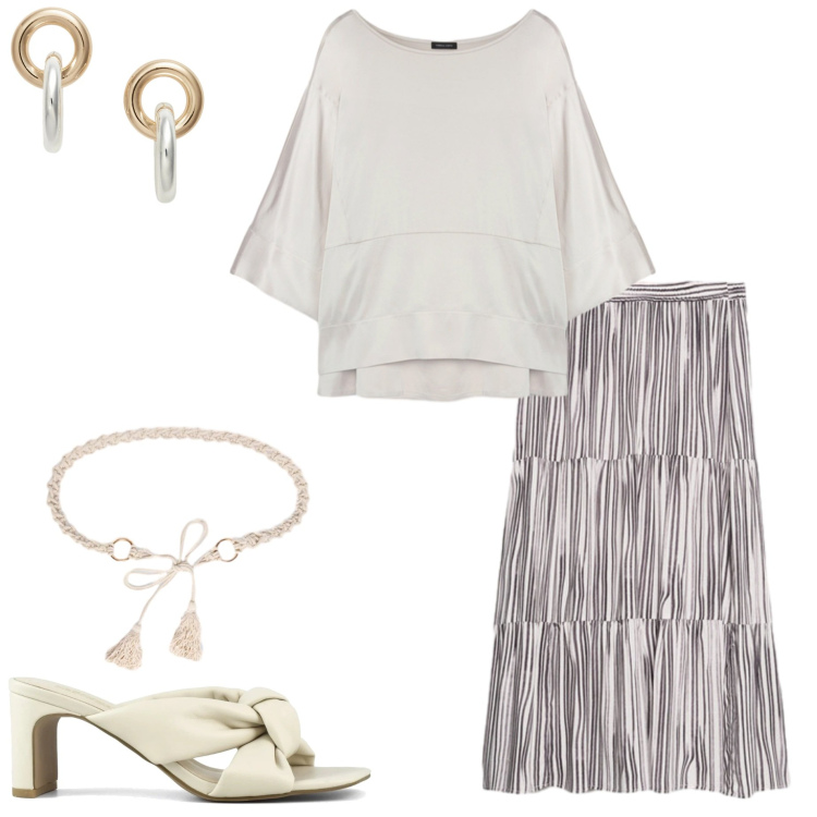 Outfit donna - Fiorella Rubino. Stile Casual chic per Serata fuori. Abbinamento con bluse, gonne lunghe, cinture, orecchini, sandali col tacco.