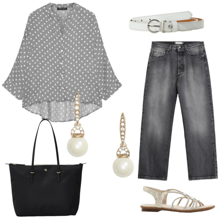 Outfit donna - Total look #2431310. Stile Casual chic per Tutti i giorni. Abbinamento con sandali, camicie, borse tote, orecchini, jeans, cinture.