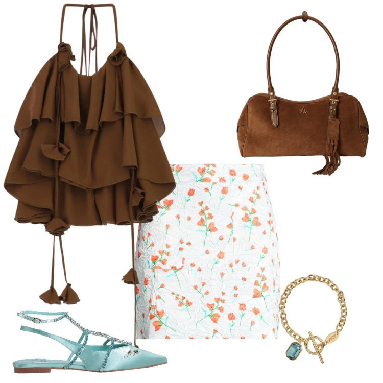 Outfit donna - Passeggiata chic. Stile Casual chic per Tutti i giorni. Abbinamento con ballerine, minigonne, borse a spalla, braccialetti, top.