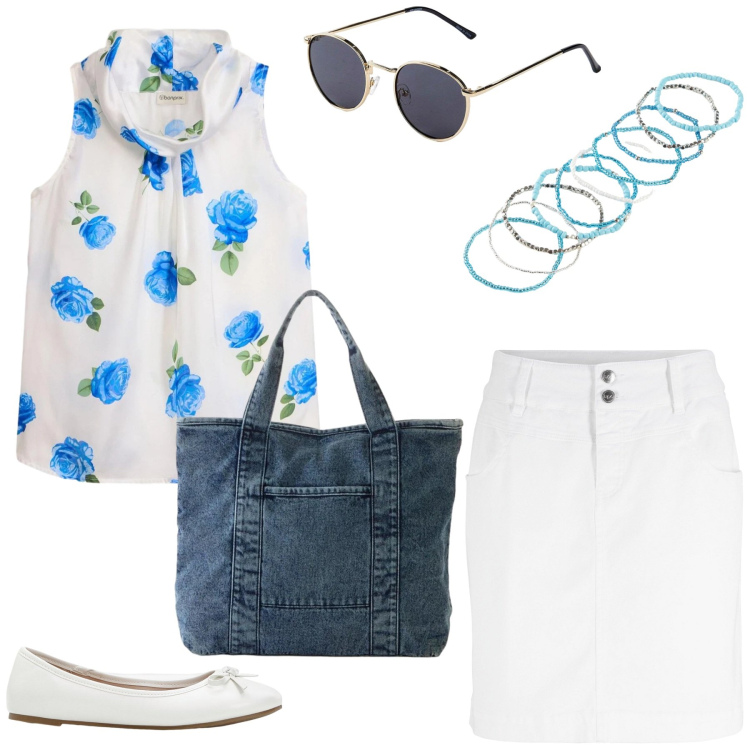 Outfit donna - Total look #2431314. Stile Casual chic per Tutti i giorni. Abbinamento con gonne, top, occhiali da sole, ballerine, shopping bag, braccialetti.