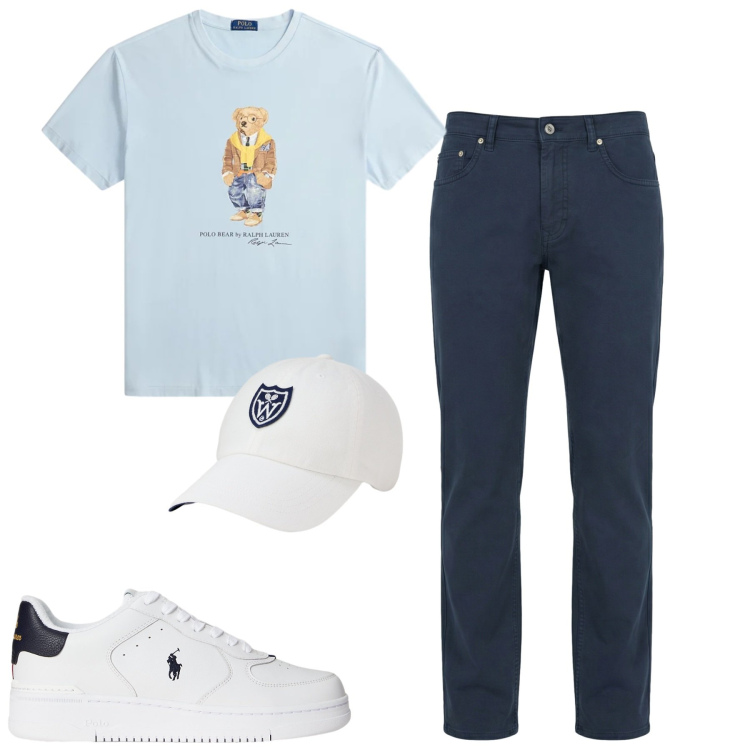 Outfit uomo - Luglio. Stile Casual per Tutti i giorni. Abbinamento con pantaloni, sneakers, cappelli con visiera, t-shirt.