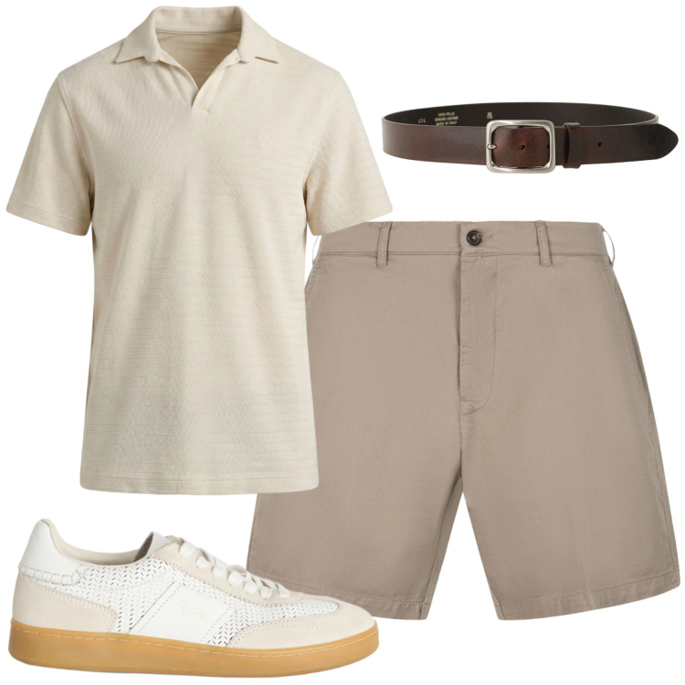 Outfit uomo - Luglio. Stile Casual per Tutti i giorni. Abbinamento con sneakers, polo, bermuda, cinture.