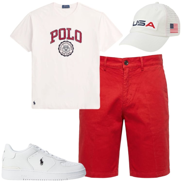 Outfit uomo - Red and White. Stile Casual per Tutti i giorni. Abbinamento con bermuda, sneakers, cappelli con visiera, t-shirt.