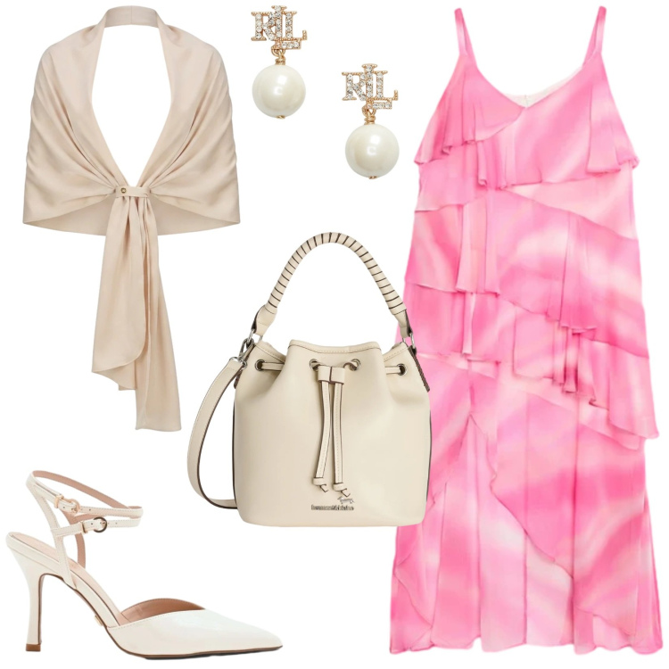 Outfit donna - Total look #2431328. Stile Chic per Cerimonia. Abbinamento con borse a secchiello, vestiti lunghi, orecchini, stole, décolleté.