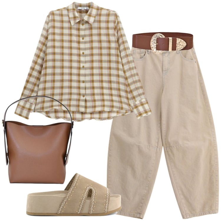 Outfit donna - Sporty. Stile Casual per Tutti i giorni. Abbinamento con borse a mano, cinture, jeans, camicie, zeppe.