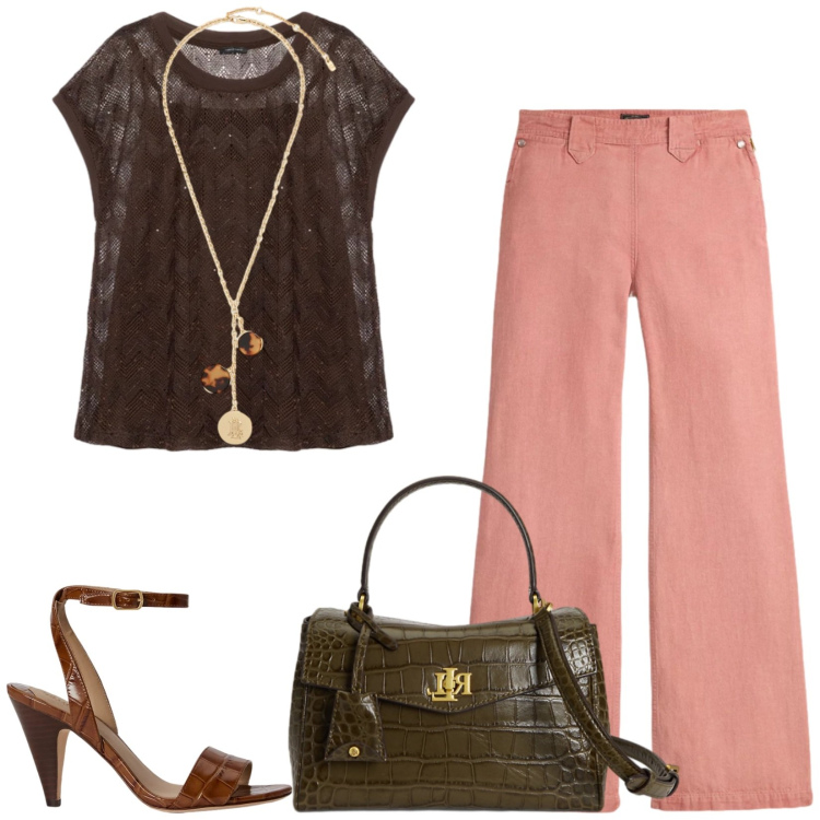 Outfit donna - Total look #2431338. Stile Casual chic per Ufficio. Abbinamento con t-shirt, collane, pantaloni, borse a mano, sandali in pelle.
