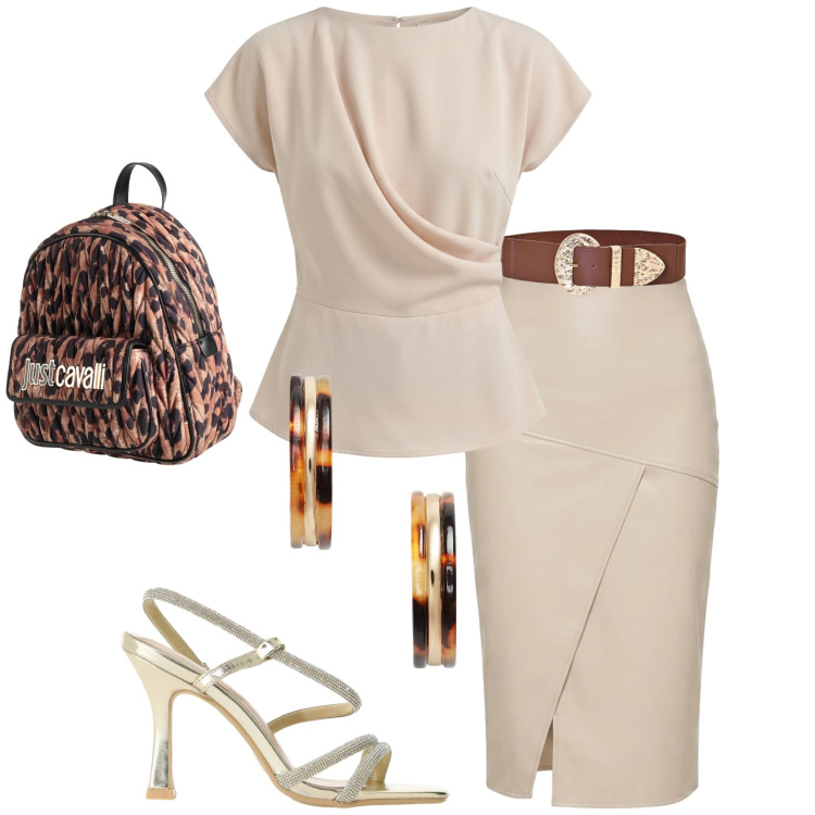 Outfit donna - Chic. Stile Casual chic per Tutti i giorni. Abbinamento con zaini, bluse, gonne longuette, cinture, sandali col tacco, orecchini.