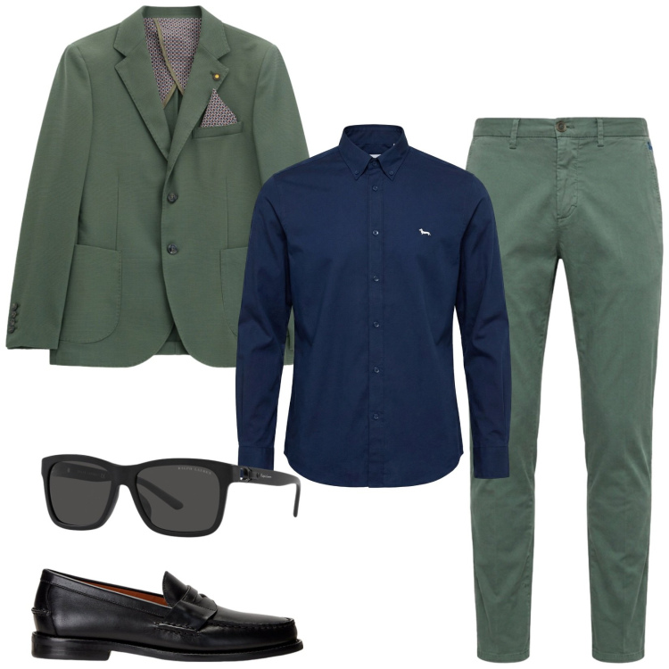 Outfit uomo - Total look #2431341. Stile Business/Elegante per Ufficio. Abbinamento con camicie, pantaloni chino, scarpe stringate, occhiali da sole, giacche.