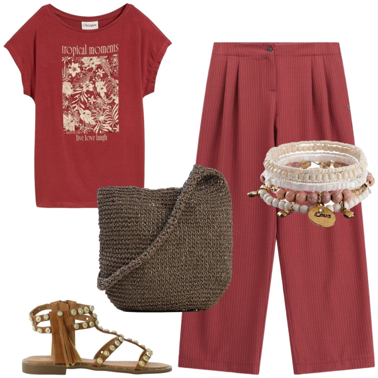 Outfit donna - In città. Stile Casual per Tutti i giorni. Abbinamento con t-shirt, braccialetti con ciondoli, shopping bag, sandali, pantaloni a palazzo.