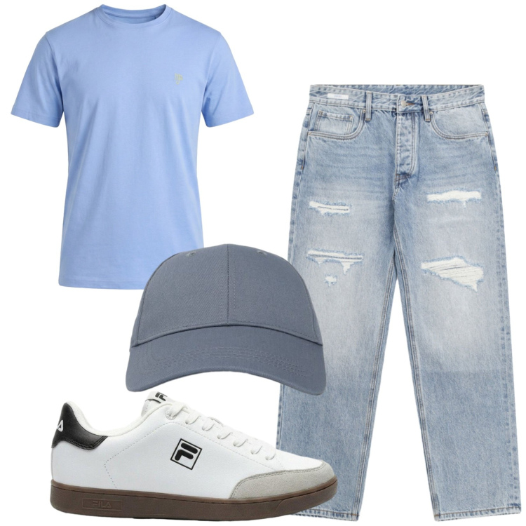 Outfit uomo - Total look #2431345. Stile Casual per Tutti i giorni. Abbinamento con sneakers, t-shirt, cappelli con visiera, jeans strappati.