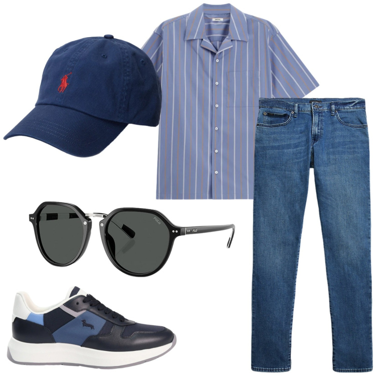 Outfit uomo - Total look #2431346. Stile Casual per Tutti i giorni. Abbinamento con sneakers, occhiali da sole, jeans, cappelli con visiera, camicie a manica corta.