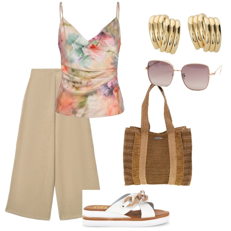 Outfit donna - Borse estive. per Tutti i giorni. Abbinamento con pantaloni a palazzo, orecchini, top, occhiali da sole, ciabatte, borse a spalla.