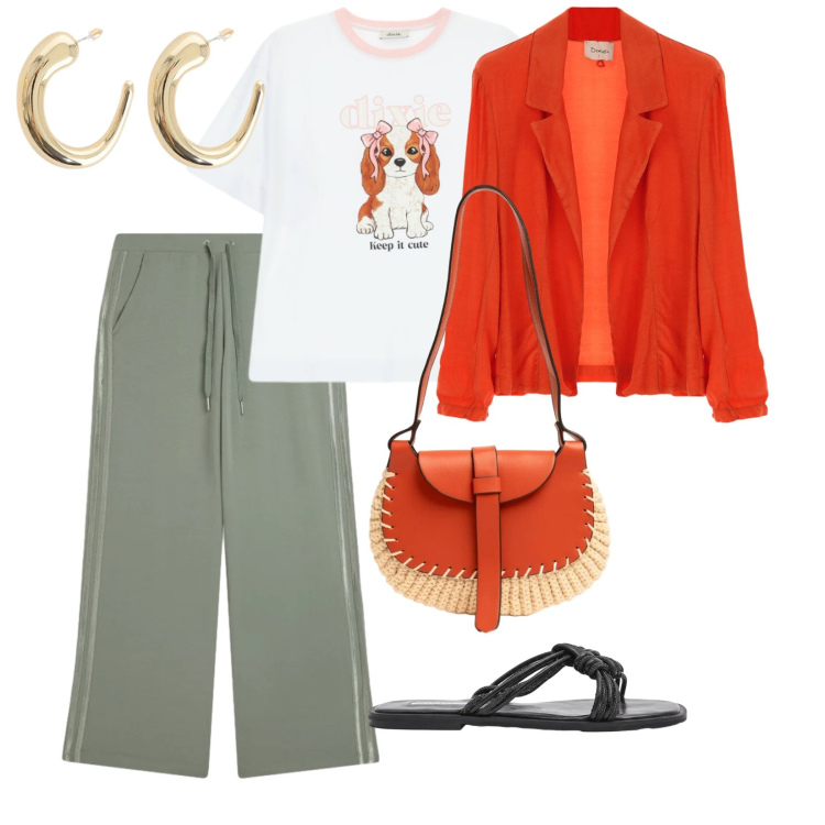 Outfit donna - Borsa arancione. per Ufficio. Abbinamento con sandali, t-shirt, blazer, orecchini, borse a tracolla, pantaloni.