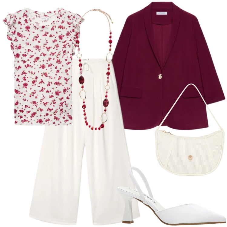 Outfit donna - Total look #2431354. Stile Chic per Serata fuori. Abbinamento con décolleté, t-shirt, pantaloni, borse a mano, blazer, collane.