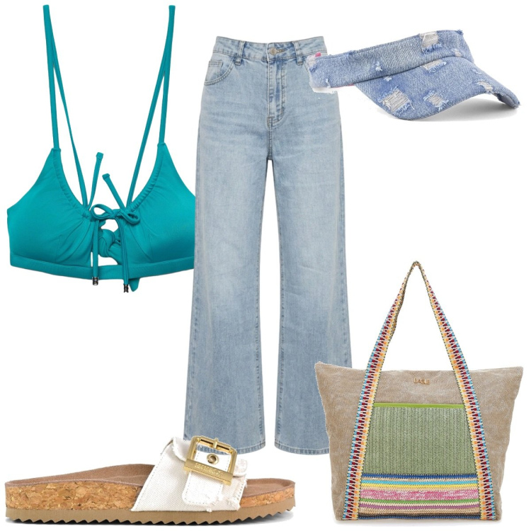 Outfit donna - Summer Bags - al mare. Stile Trendy per Mare. Abbinamento con bikini, jeans a zampa, sandali, shopping bag, cappelli con visiera.
