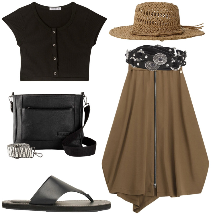 Outfit donna - Eccentrica. Stile Glamour per Tutti i giorni. Abbinamento con infradito, borse a tracolla, top, cinture, gonne longuette, cappelli.