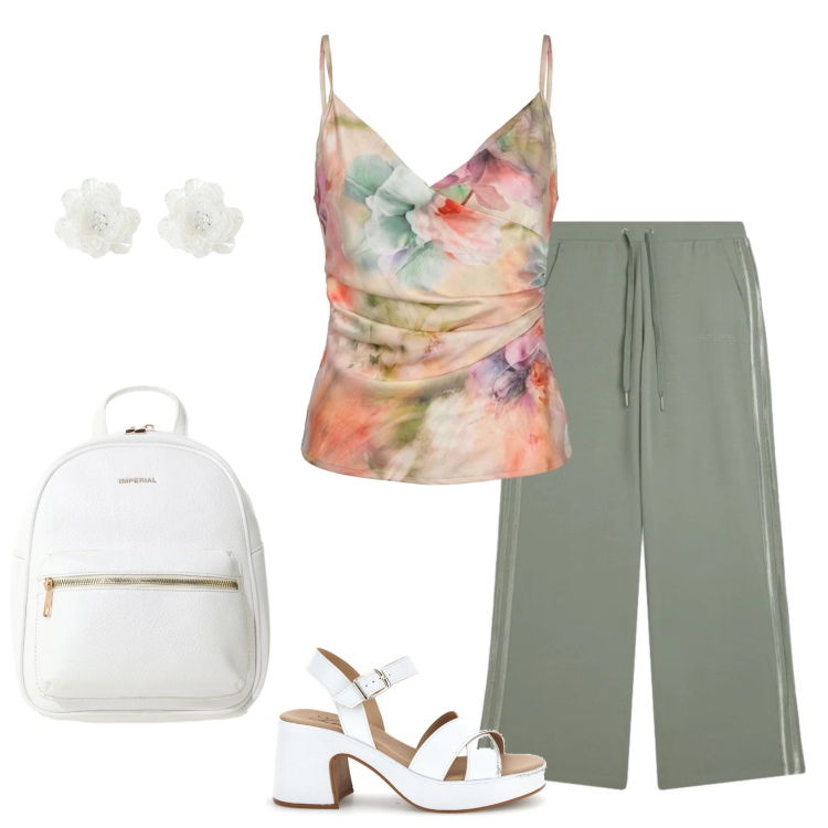 Outfit donna - Total look #2431363. Stile Casual chic per Ufficio. Abbinamento con zaini, orecchini, top, pantaloni, sandali col tacco.