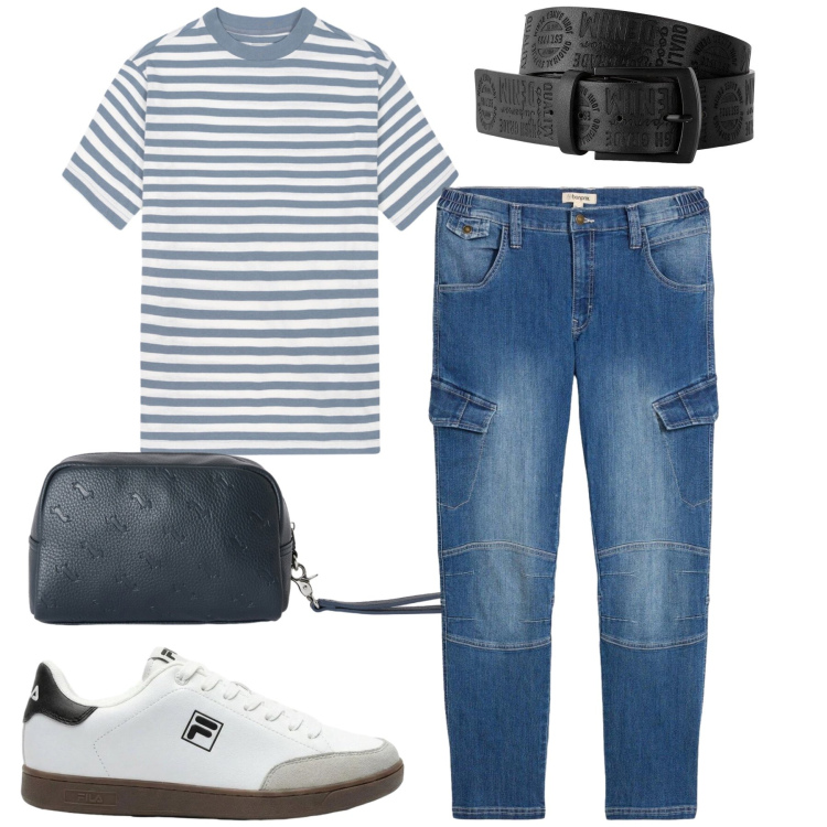 Outfit uomo - Total look #2431367. Stile Casual per Tutti i giorni. Abbinamento con cinture, jeans dritti, sneakers, borse sportive, t-shirt.