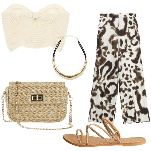 Outfit donna - Aperitivo in spiaggia. Stile Casual chic per Serata fuori. Abbinamento con borse a tracolla, collane, sandali, pantaloni a palazzo, top.
