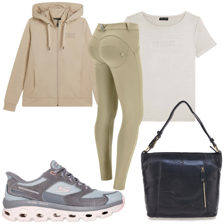 Outfit donna - Sporty summer mood beige. Stile Basic per Sport. Abbinamento con felpe con cappuccio, pantaloni skinny, t-shirt, borse a spalla, sneakers.