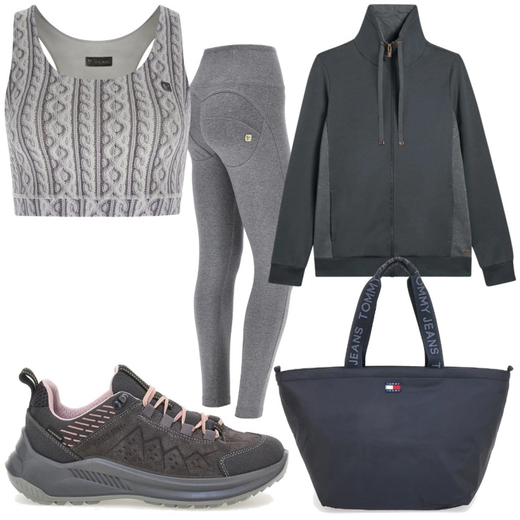 Outfit donna - Sporty summer mood in grigio. Stile Basic per Sport. Abbinamento con pantaloni skinny, top sportivi, felpe, borse tote, scarpe sportive.