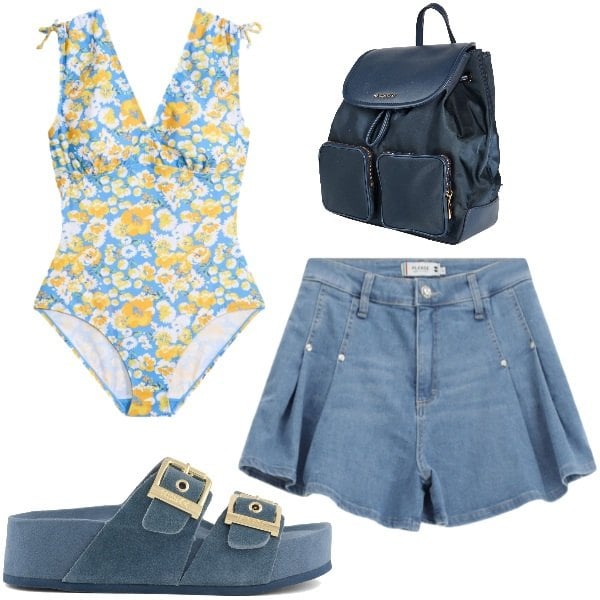 Outfit donna - Passeggiata al mare. Stile Romantica per Mare. Abbinamento con zaini, costumi interi, shorts, ciabatte.