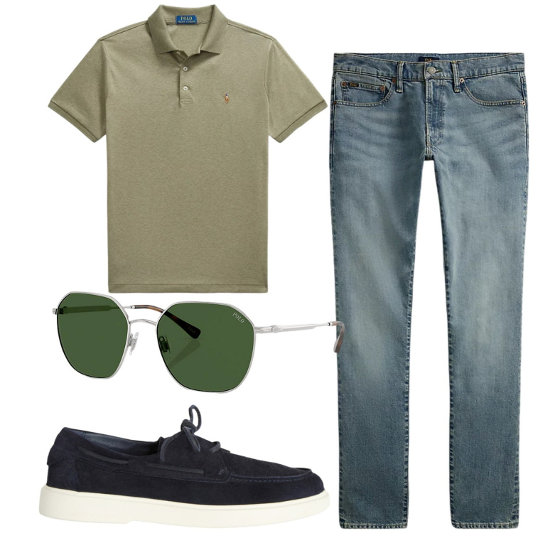 Outfit uomo - Total look #2431384. Stile Casual per Tutti i giorni. Abbinamento con scarpe stringate, jeans, occhiali da sole, polo.