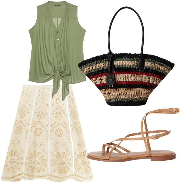 Outfit donna - Maxi bag intrecciata. Stile Boho per Tutti i giorni. Abbinamento con sandali in pelle, top, borse tote, gonne longuette.