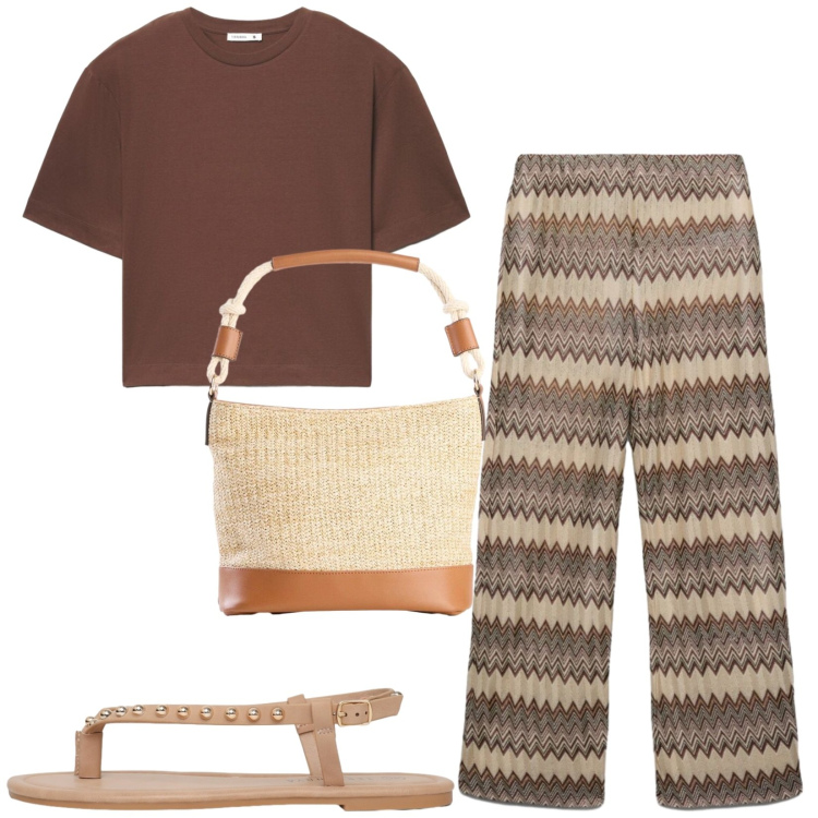 Outfit donna - Total look #2431387. Stile Casual per Tutti i giorni. Abbinamento con borse a mano, t-shirt, ciabatte, pantaloni.