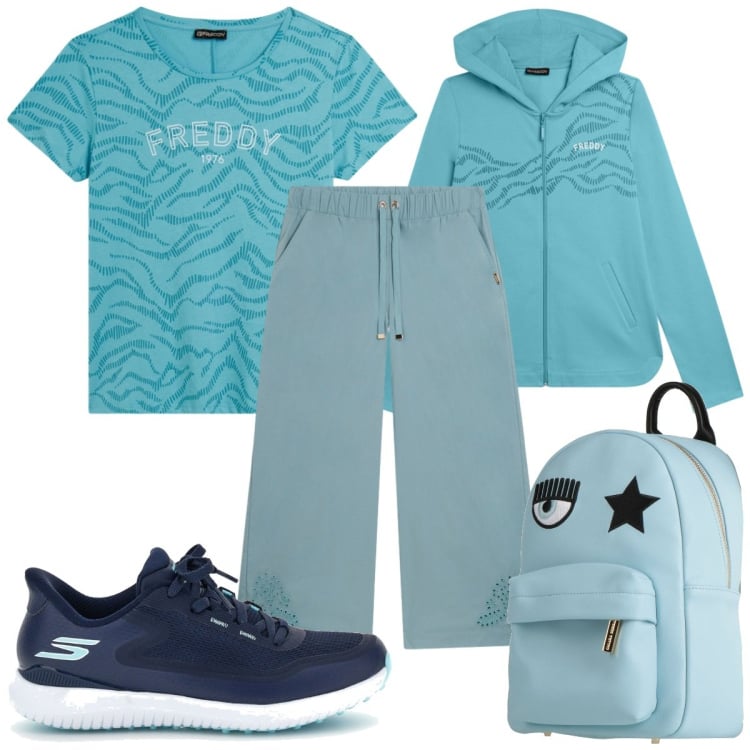 Outfit donna - Sporty summer mood blu. Stile Basic per Sport. Abbinamento con zaini, t-shirt, pantaloni, felpe con cappuccio, sneakers.