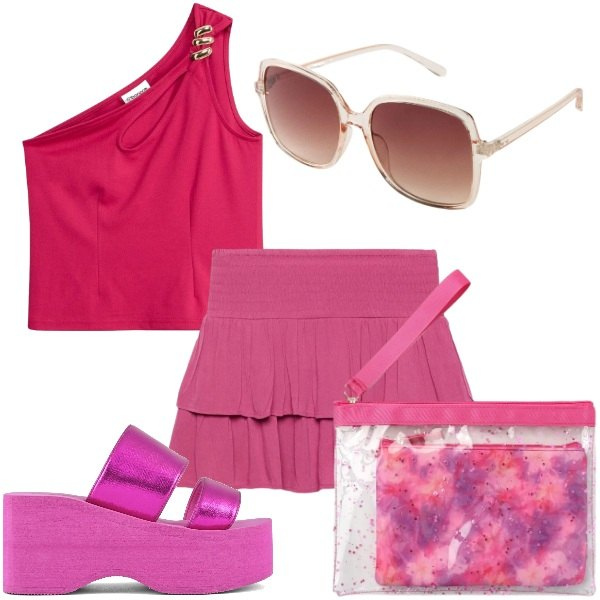 Outfit donna - sotto il sole. Stile Glamour per Tutti i giorni. Abbinamento con top, occhiali da sole, pochette, minigonne, zeppe.