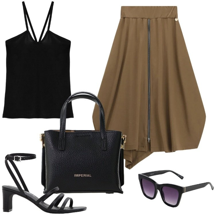 Outfit donna - Total look #2431395. Stile Trendy per Ufficio. Abbinamento con sandali col tacco, occhiali da sole, gonne longuette, canottiere, borse a tracolla.