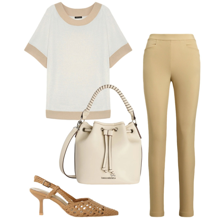 Outfit donna - In ufficio. Stile Casual chic per Ufficio. Abbinamento con borse a secchiello, t-shirt, pantaloni, décolleté.