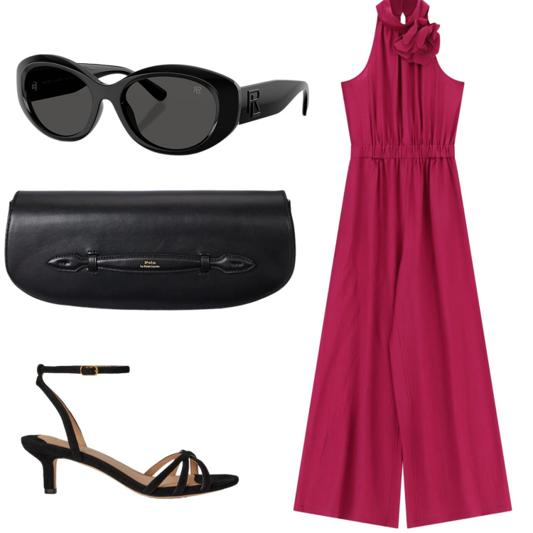 Outfit donna - Total look #2431408. Stile Chic per Cerimonia. Abbinamento con tute, occhiali da sole, clutch, sandali col tacco.