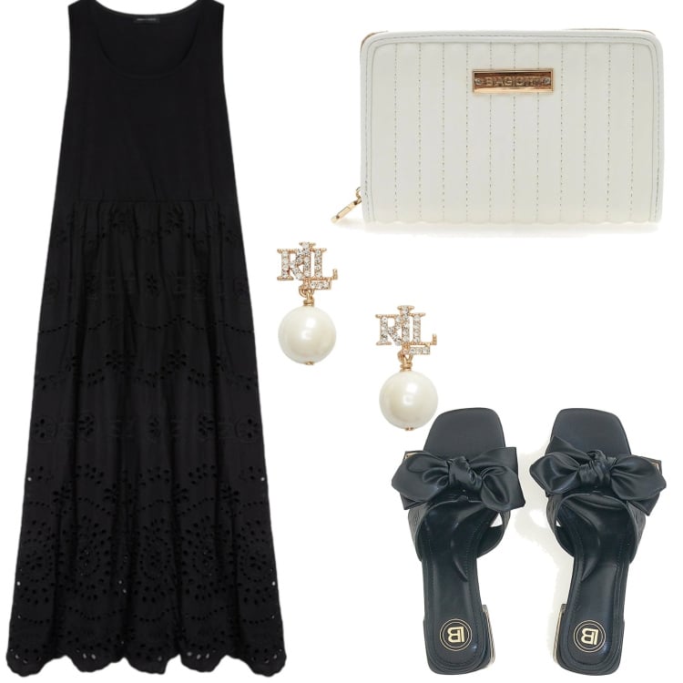 Outfit donna - L\' abito che risolve tutto. Stile Chic per Ufficio. Abbinamento con vestiti lunghi, orecchini, ciabatte, portafogli.