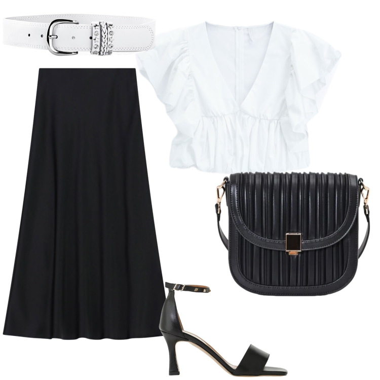 Outfit donna - Nero d \'estate. Stile Bon Ton per Serata fuori. Abbinamento con cinture, borse a tracolla, gonne lunghe, top, sandali col tacco.