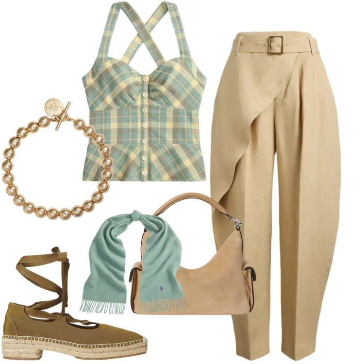 Outfit donna - Summer. Stile Casual per Tutti i giorni. Abbinamento con braccialetti, sciarpe, borse a spalla, top, espadrillas, pantaloni.